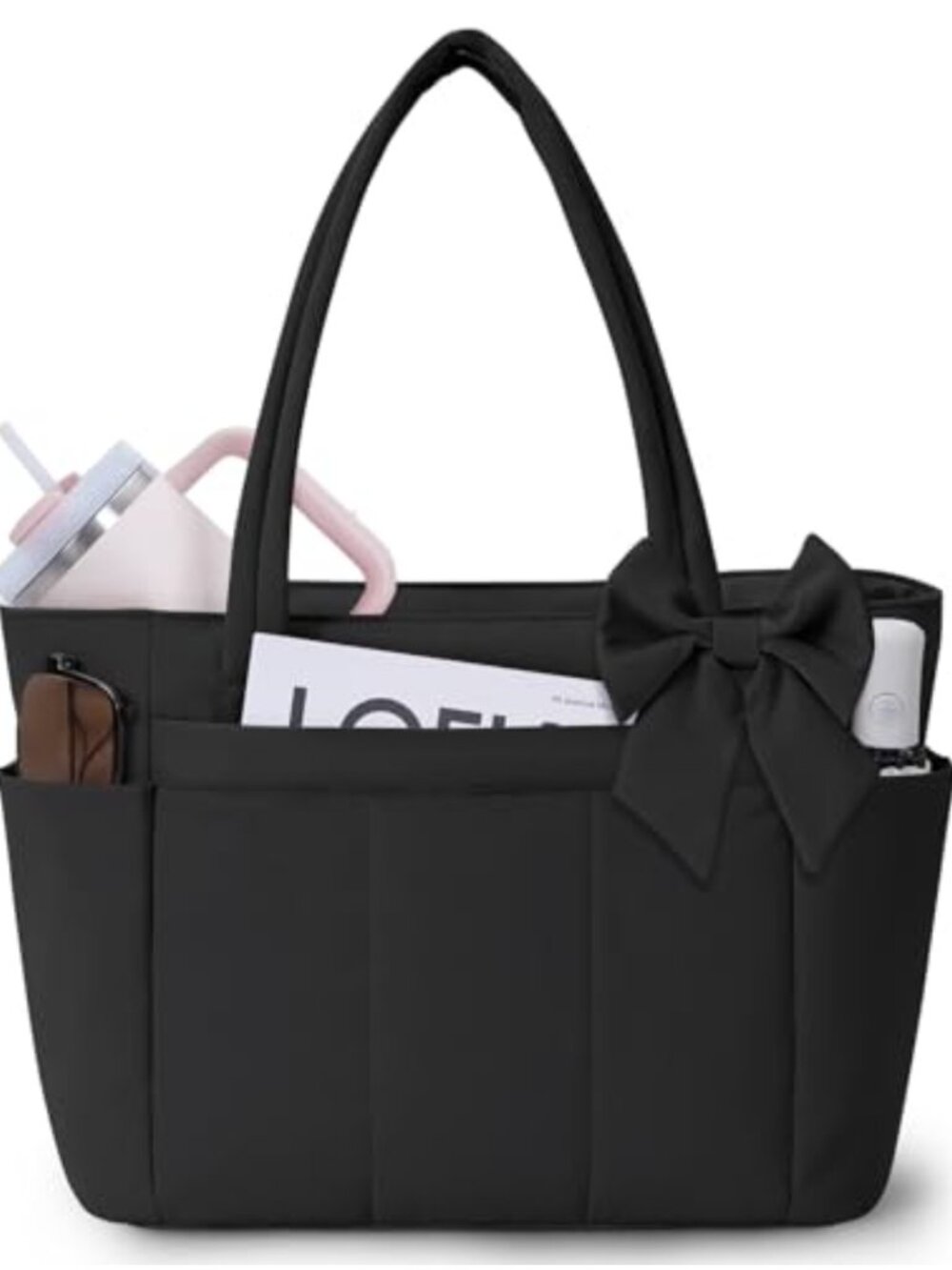 Puffer Tote Bag with Detachable Bow - 20L, Padded Laptop Compartment for Work